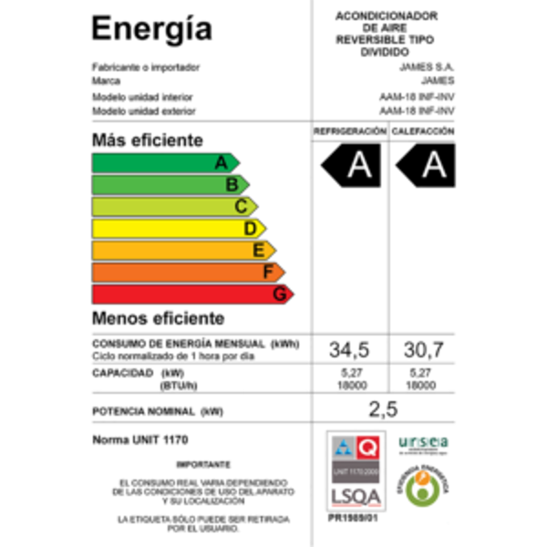 Imagen de Aire acondicionado James Inverter 18000 BTU