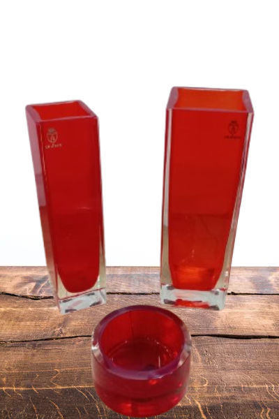Imagen de Juego x3 Floreros Y Cuenco Cristal Cá d'Oro Seguso Rojo Rubí – Cristal Artístico